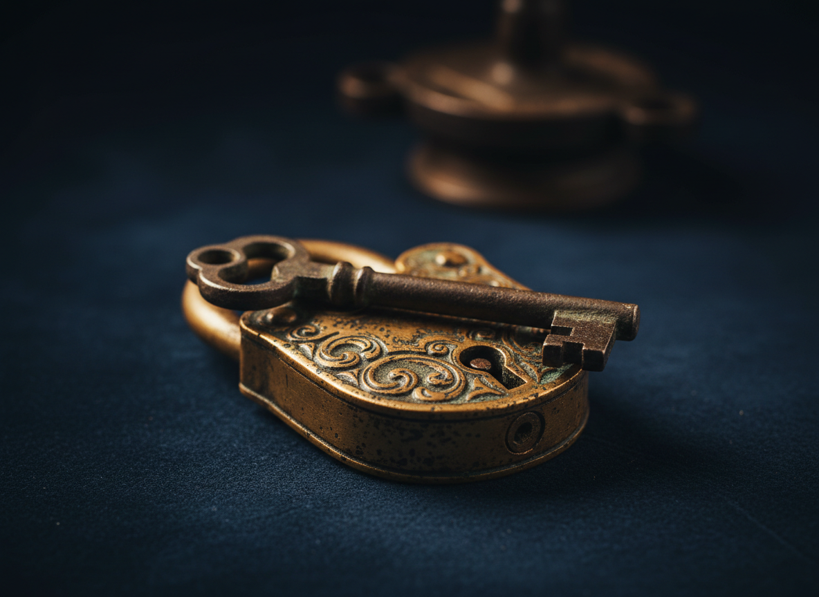 Photorealistic professional photograph of an antique brass padlock and key resting on a dark navy surface with warm gold rim lighting, shallow depth of field, cinematic editorial cybersecurity photography, high detail, no text, no human faces, 16:9