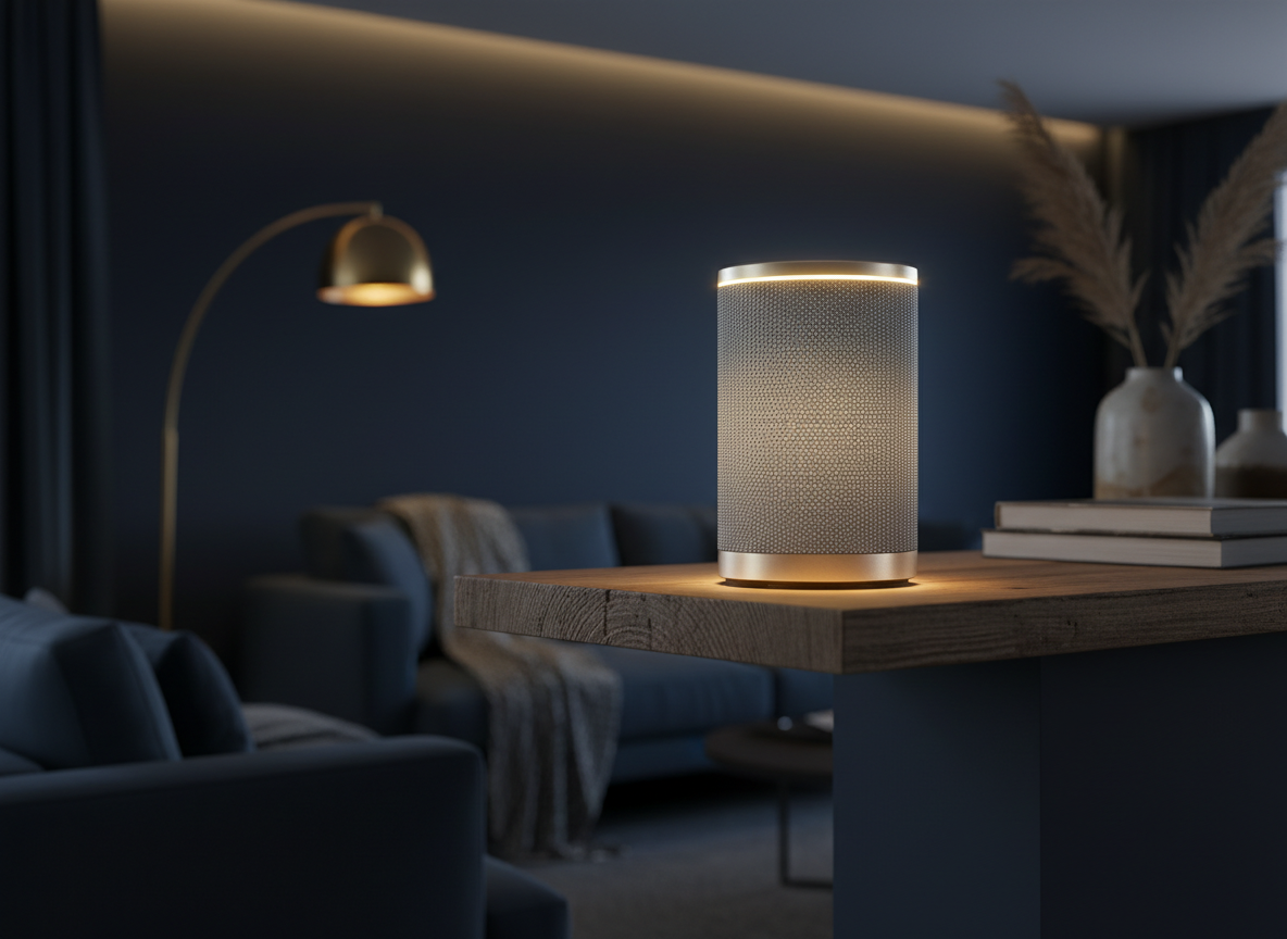Photorealistic professional photograph of a modern smart speaker on a wooden shelf in a cozy dark navy living room with warm gold ambient lighting, shallow depth of field, cinematic editorial smart home photography, high detail, no text, no human faces, 16:9