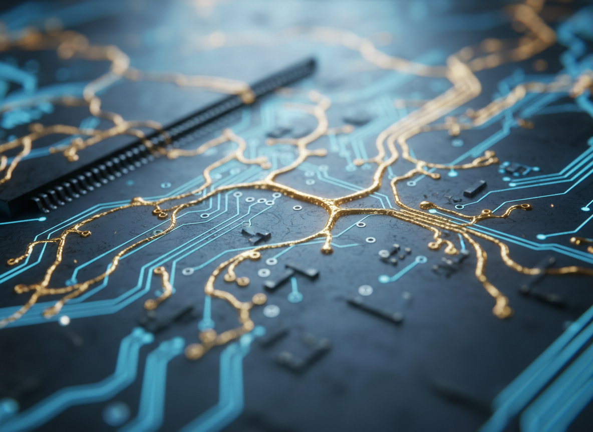 Photorealistic professional photograph of an abstract glowing blue circuit board with warm gold light trails resembling neural connections, macro close-up, shallow depth of field, cinematic editorial tech photography, high detail, no text, no human faces, 16:9