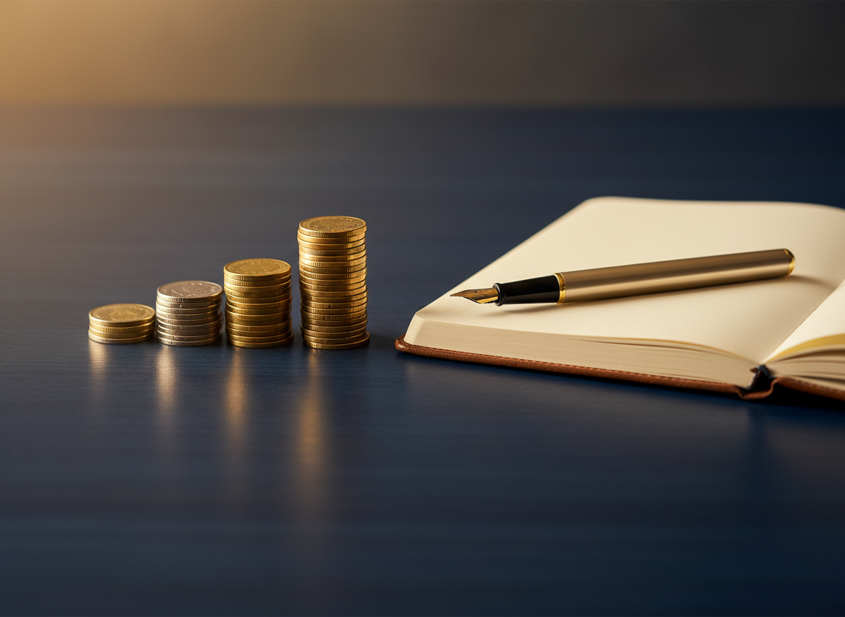 Photorealistic professional photograph of coins stacked next to a small notebook and pen on a dark navy desk with warm gold lighting, shallow depth of field, cinematic editorial personal finance photography, high detail, no text, no human faces, 16:9