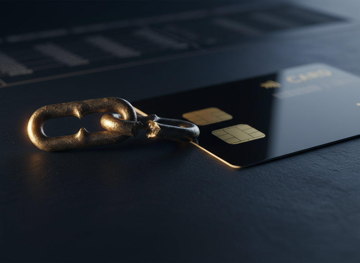Photorealistic professional photograph of a broken metal chain link next to a credit card on a dark navy surface with warm gold rim lighting, shallow depth of field, cinematic editorial personal finance photography, high detail, no text, no human faces, 16:9