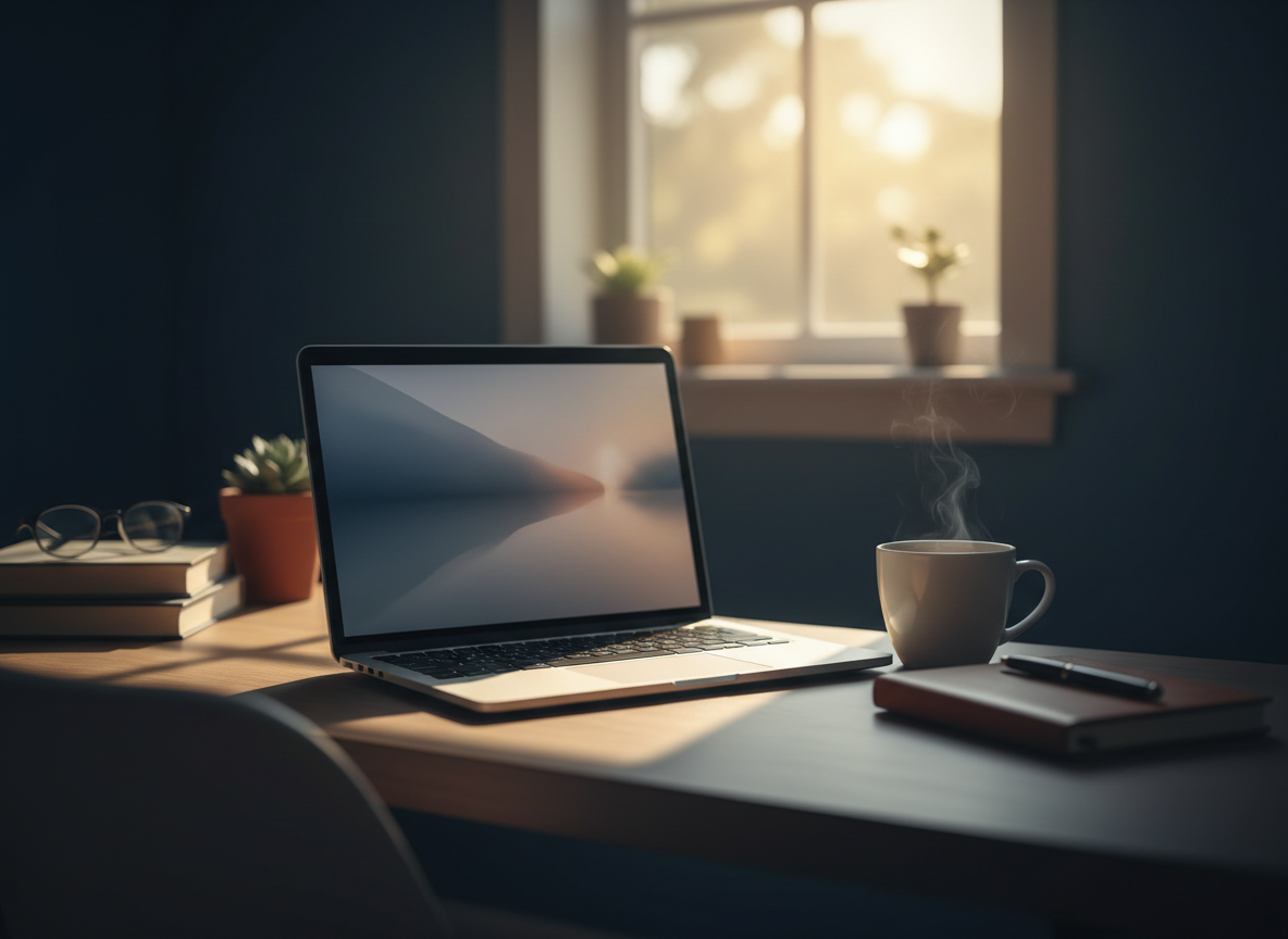 Photorealistic professional photograph of a cozy home desk setup with a laptop, coffee cup and notebook, warm gold window light and dark navy ambient tones, shallow depth of field, cinematic editorial lifestyle photography, high detail, no text, no human faces, 16:9