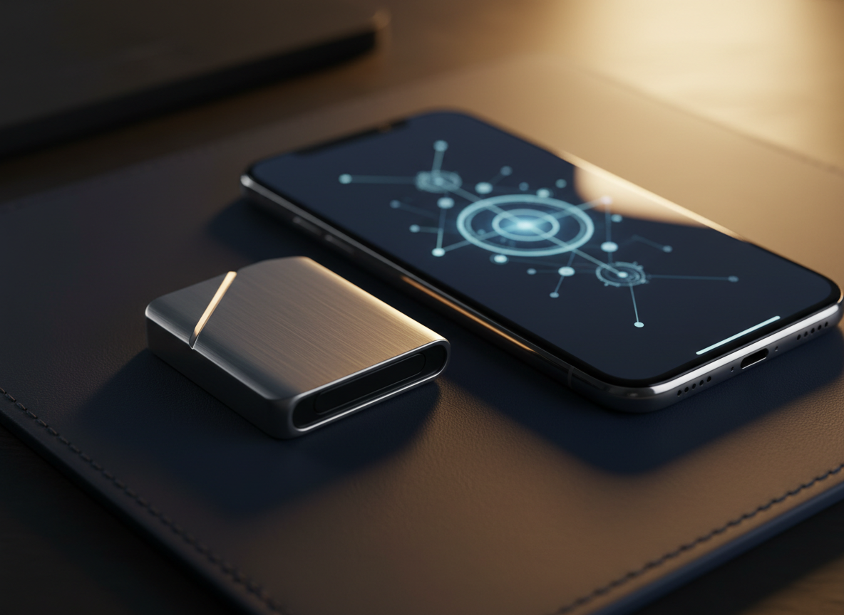 Photorealistic professional photograph of a small metallic security key device next to a smartphone on a dark navy surface with warm gold lighting, shallow depth of field, cinematic editorial crypto photography, high detail, no text, no human faces, 16:9